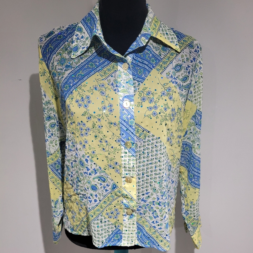 Tommy n Loulou Women's Sheer Sparkle Patchwork Blouse Small Blue Yellow Paisley